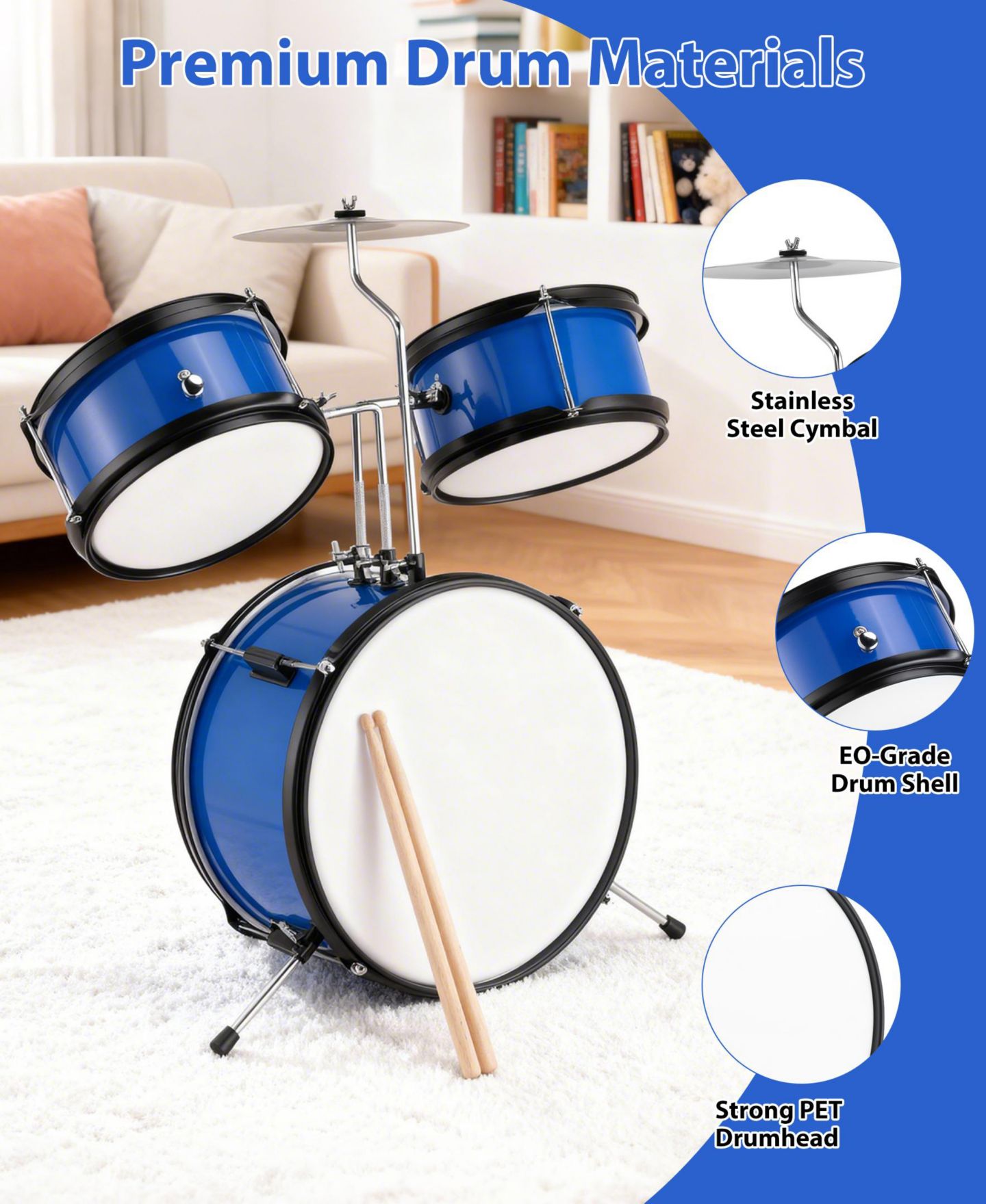 Детские игрушки SUGIFT 3-Piece Kids Drum Set with Adjustable Stool, Bass Pedal & Cymbal – Realistic Junior Drum Kit for Ages 3+ — фото 4