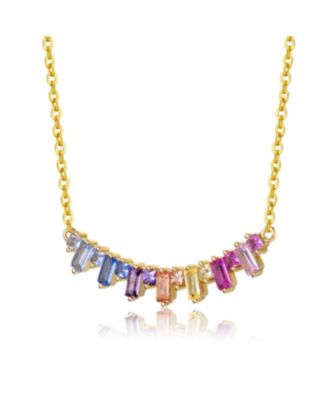 14k Gold Plated with Rainbow Cubic Zirconia Linear Cluster Fringe Pendant Necklace