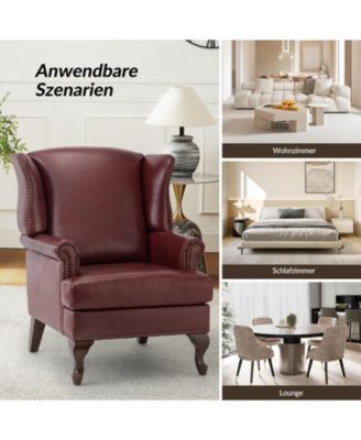 Helmuth Genuine Leather Wingback Armchair with Solid Wood Legs