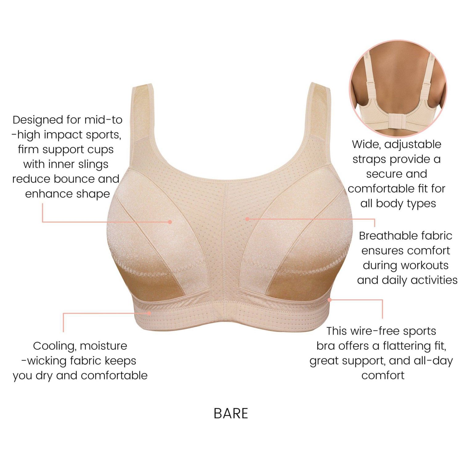 Women's Active Full Bust Unlined Sports Bra - Bare, 30D