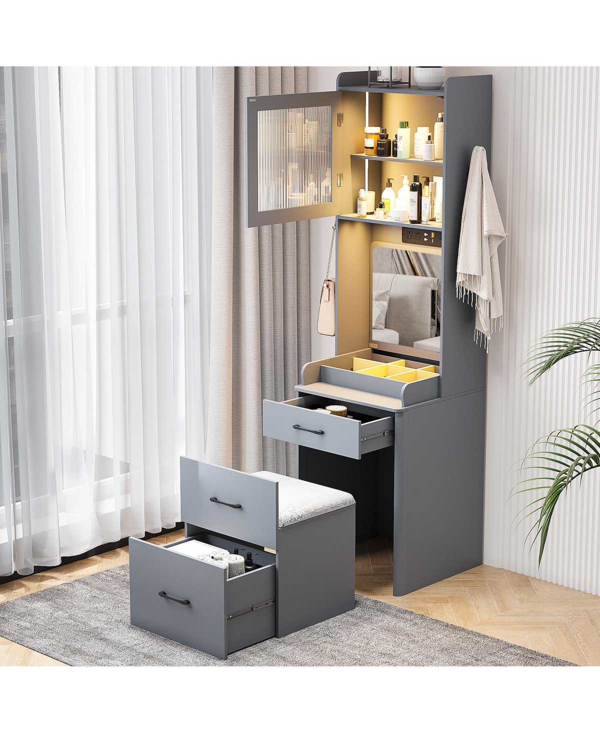 Vlsrka 3-in-1 Vanity Desk with Led Sensor Light, Flip Mirror and Drawers