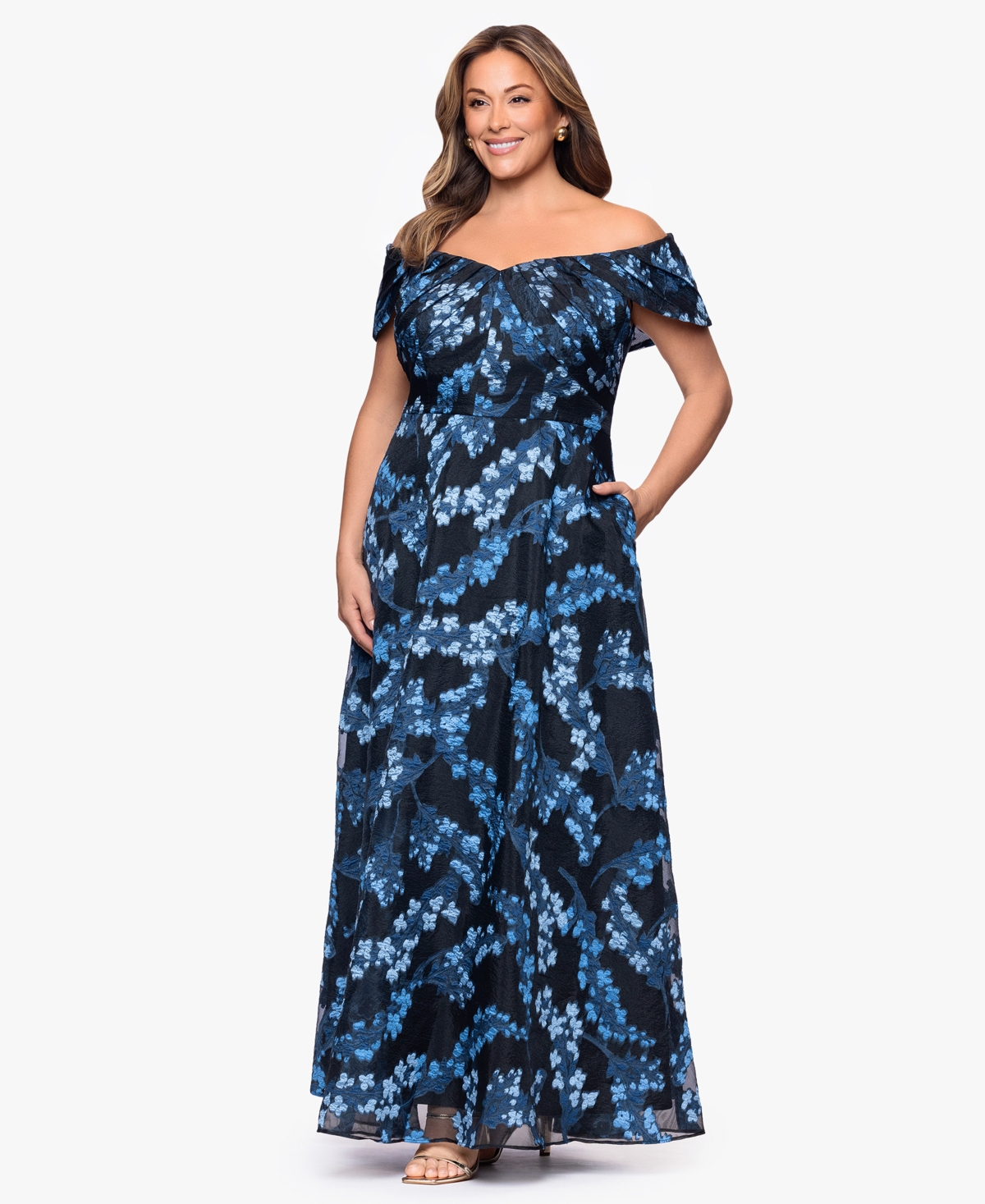Betsy & Adam Plus Size Off-the-shoulder Long Dress In Blue