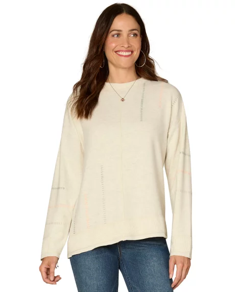 Petite Long-Sleeve Crewneck Mixed Media Knit Top - Heather Cream