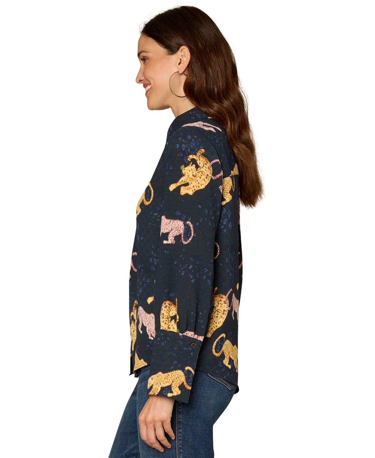 Democracy Petite Long-Sleeve Printed Woven Top