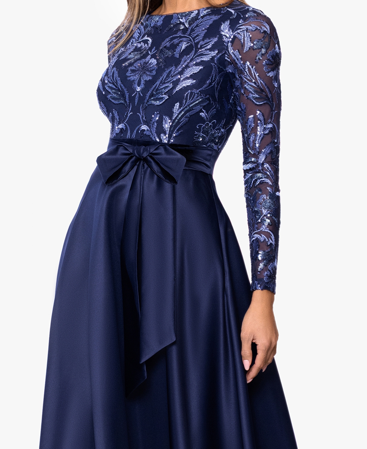 Xscape Women's Boat Neck Sequin Mesh Long Ball Gown In Blue