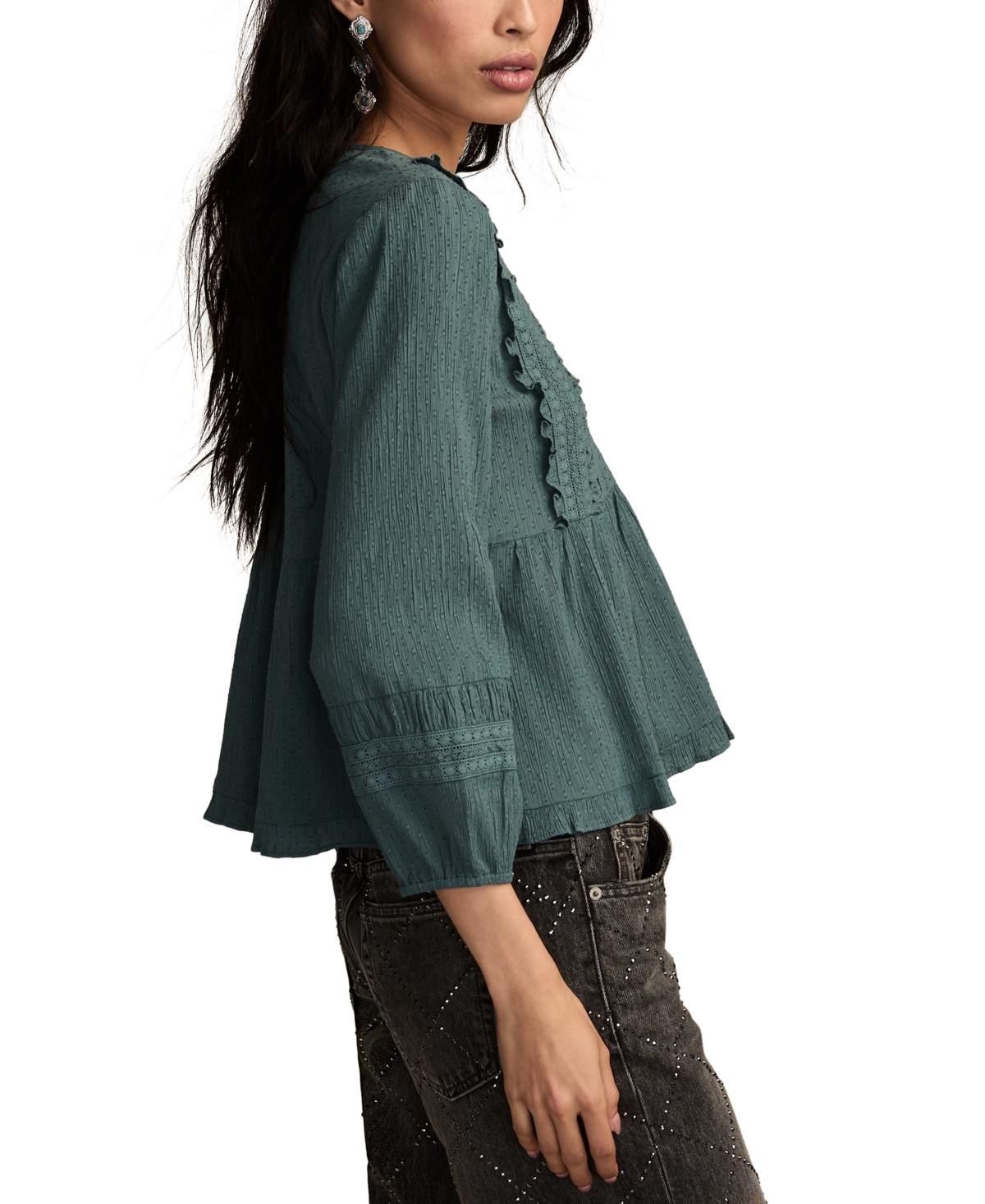 Lucky Brand Lace Accent Cotton Peplum Top In Green