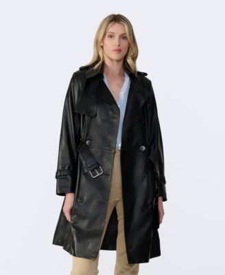 Women's Genuine Leather Trench Coat, Black