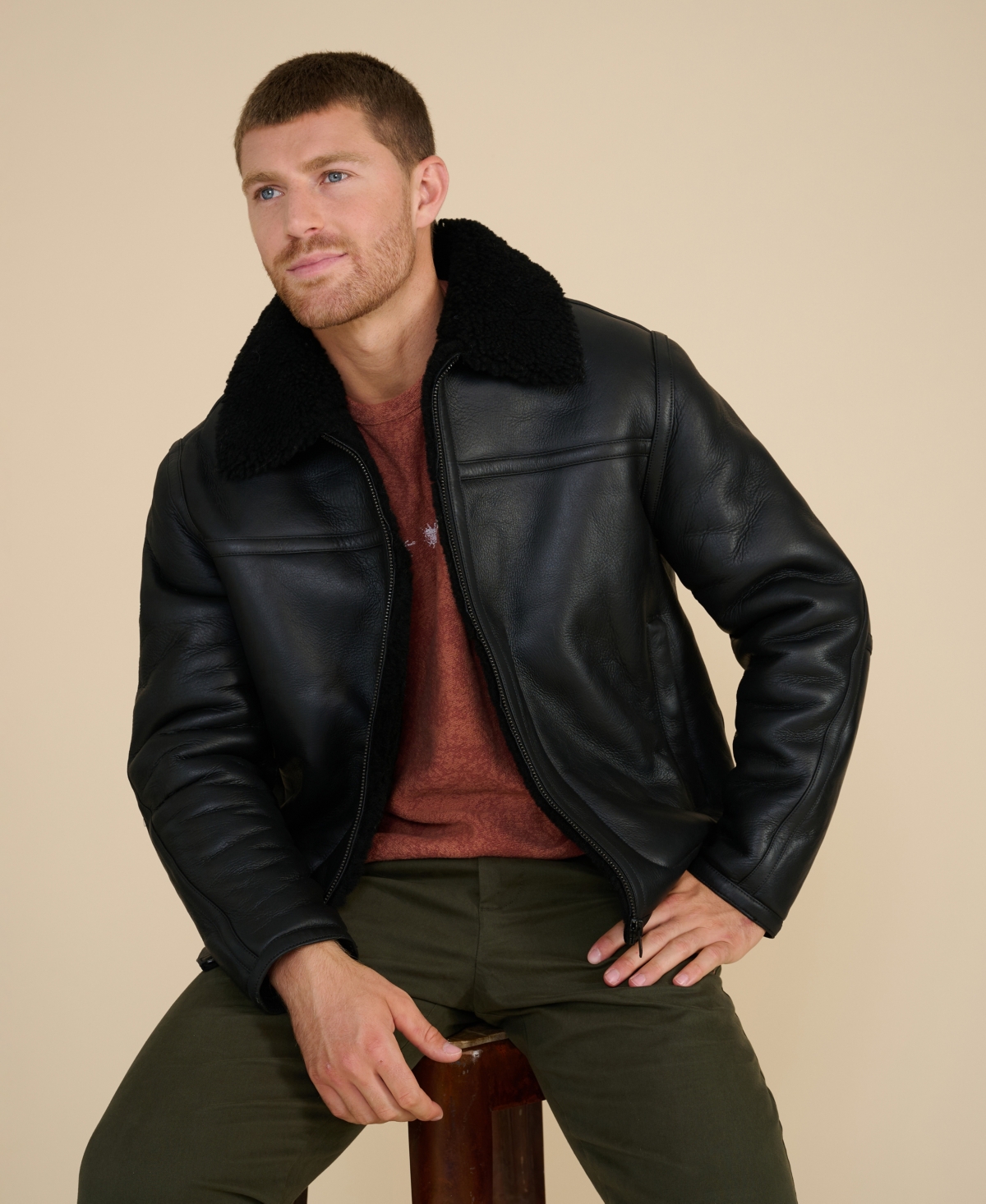 Furniq Uk Men's Leather Shearling Jacket, Black