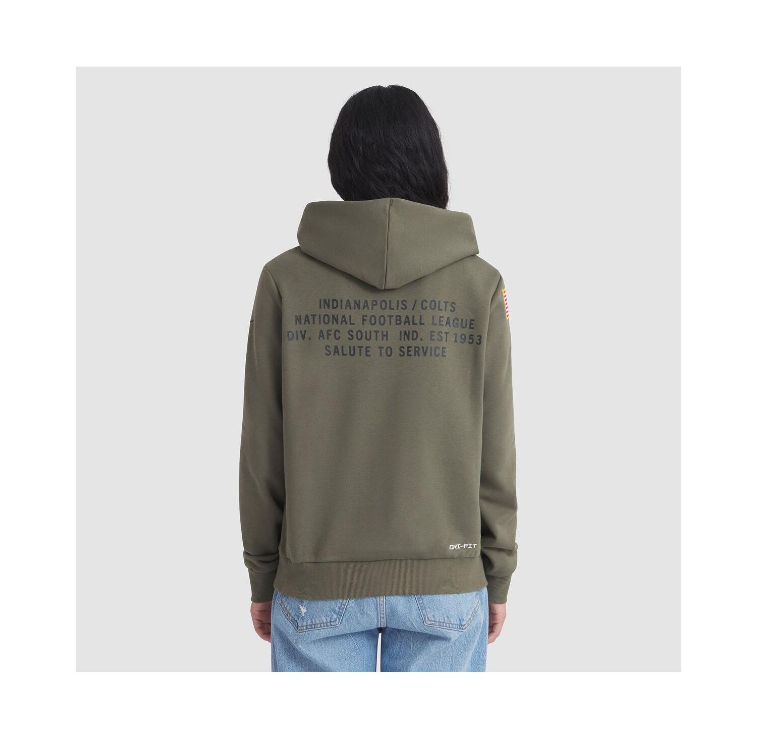Women's Olive Indianapolis Colts 2025 Salute to Service Sideline Standard Issue Dri-FIT Hoodie