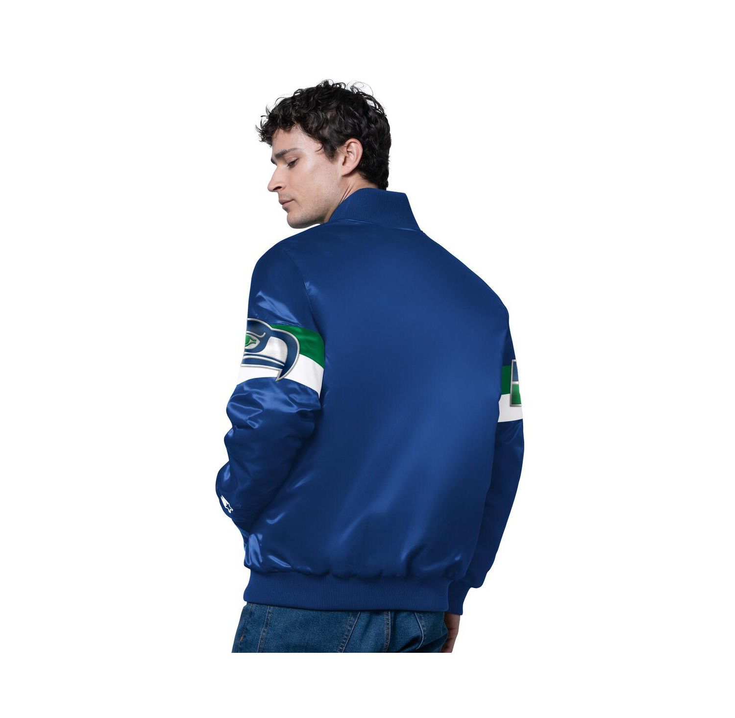 Men's Royal Seattle Seahawks Triple Option Satin Varsity Vintage Logo Full-Snap Jacket