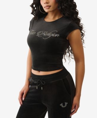 Women's Short Sleeve Crystal True Religion Velour Baby T-Shirt