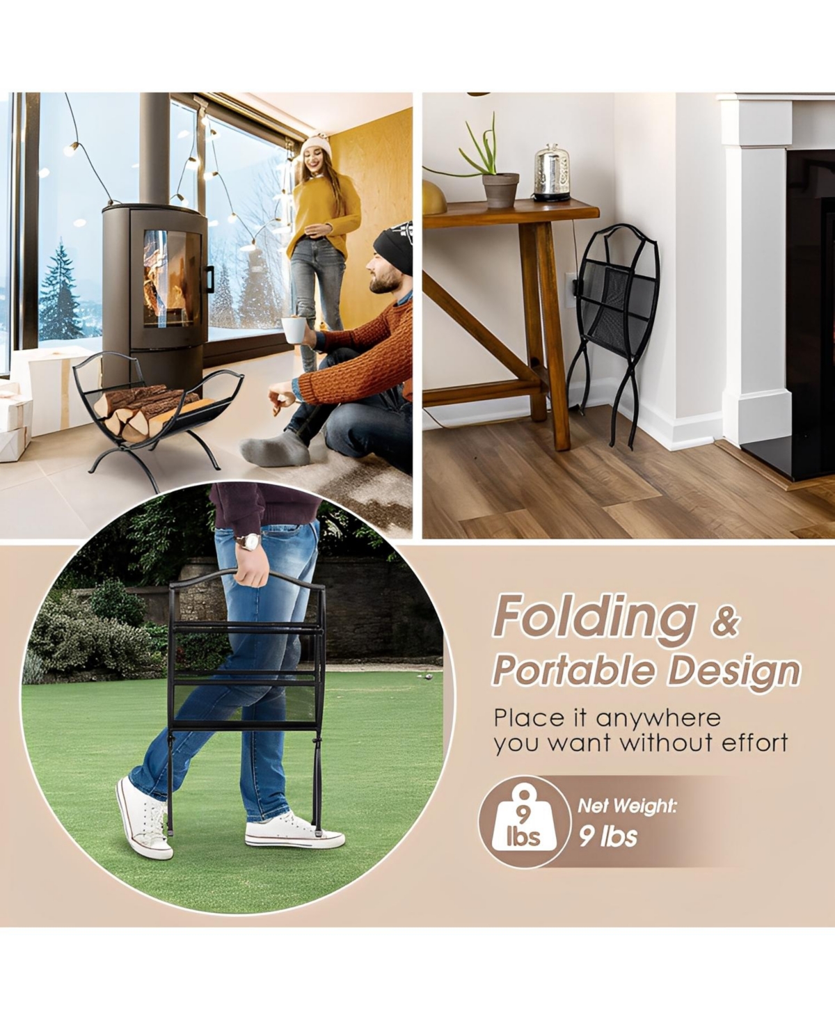 Sugift 19 Inch Folding Fireplace Log Rack with Convenient Handle