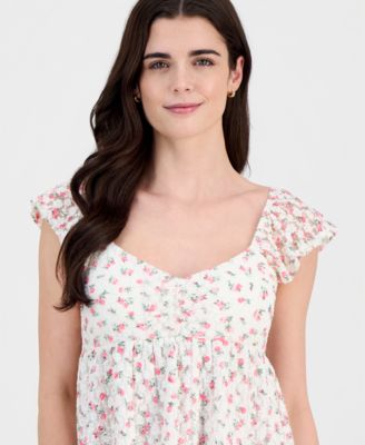 Juniors' Floral Lace Flutter-Sleeve Babydoll Top