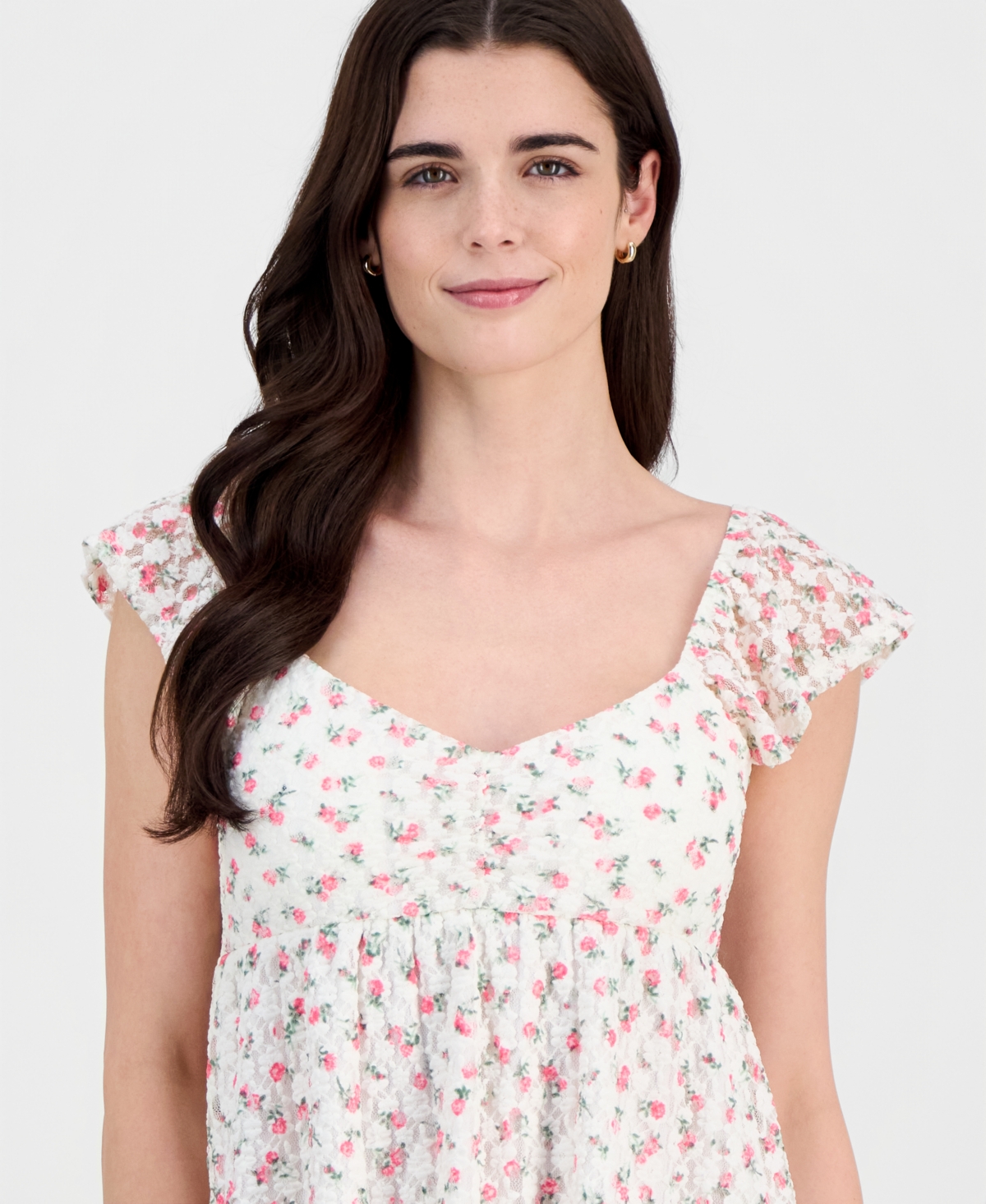 Sincerely Jules Juniors' Floral Lace Flutter-Sleeve Babydoll Top