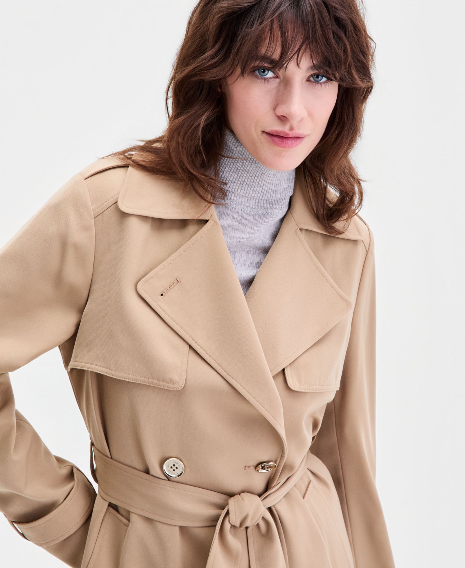 Michael Kors Petite Double-Breasted Belted Crepe Trench Coat