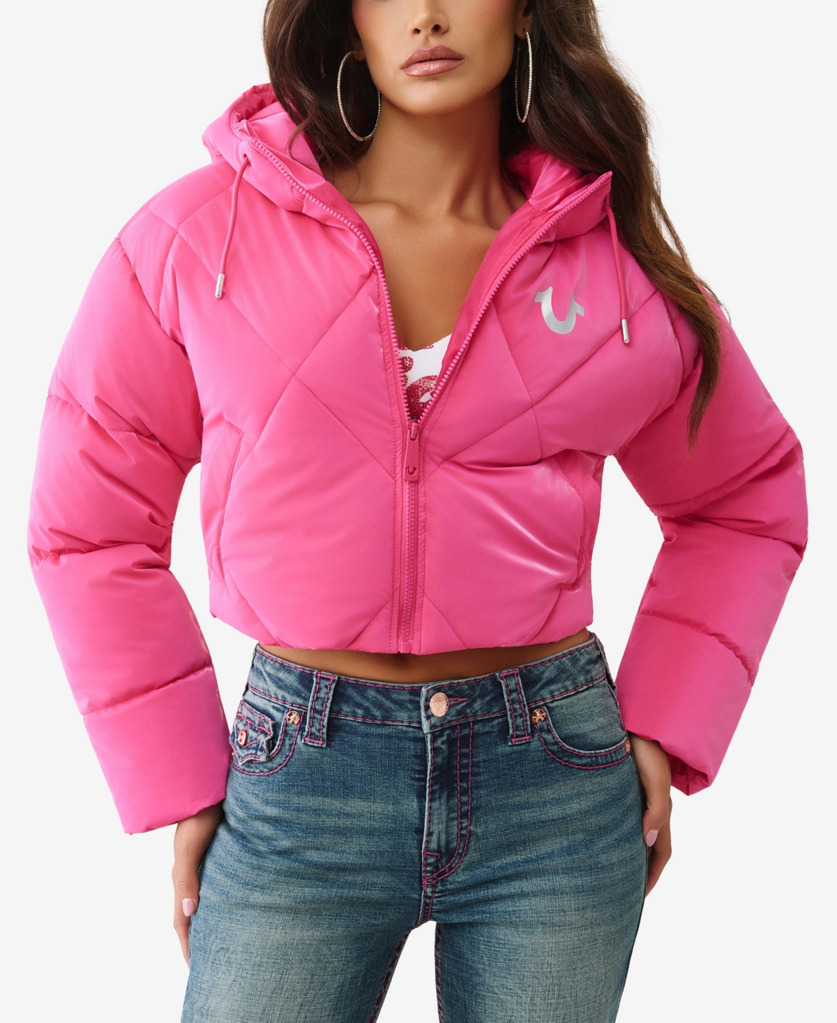 True Religion Women's High Shine Foil Hooded Puffer Jacket