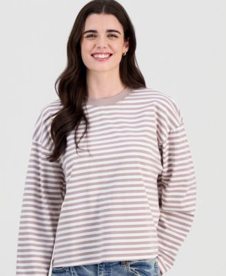 Juniors' Oversized Striped Long-Sleeve Crewneck Tee
