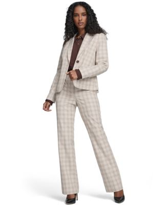 Tommy Hilfiger Womens Plaid Puff Sleeve One Button Blazer Jacket Plaid Bootcut Trousers Clip Dot Pleated Bib Top In Gray