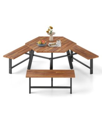 6 Person Acacia Wood Picnic Table Bench Set w/3 Seats Umbrella Hole Metal Frame