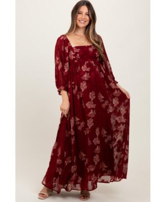 Maternity Burgundy Multi Floral Textured Peasant Babydoll Maxi Dress