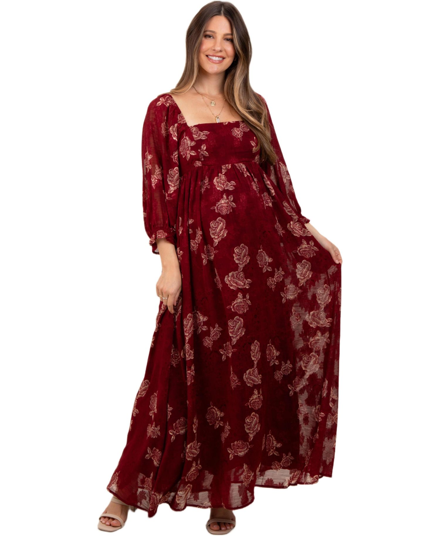 Women's Burgundy Multi Floral Textured Peasant Babydoll Maxi Dress