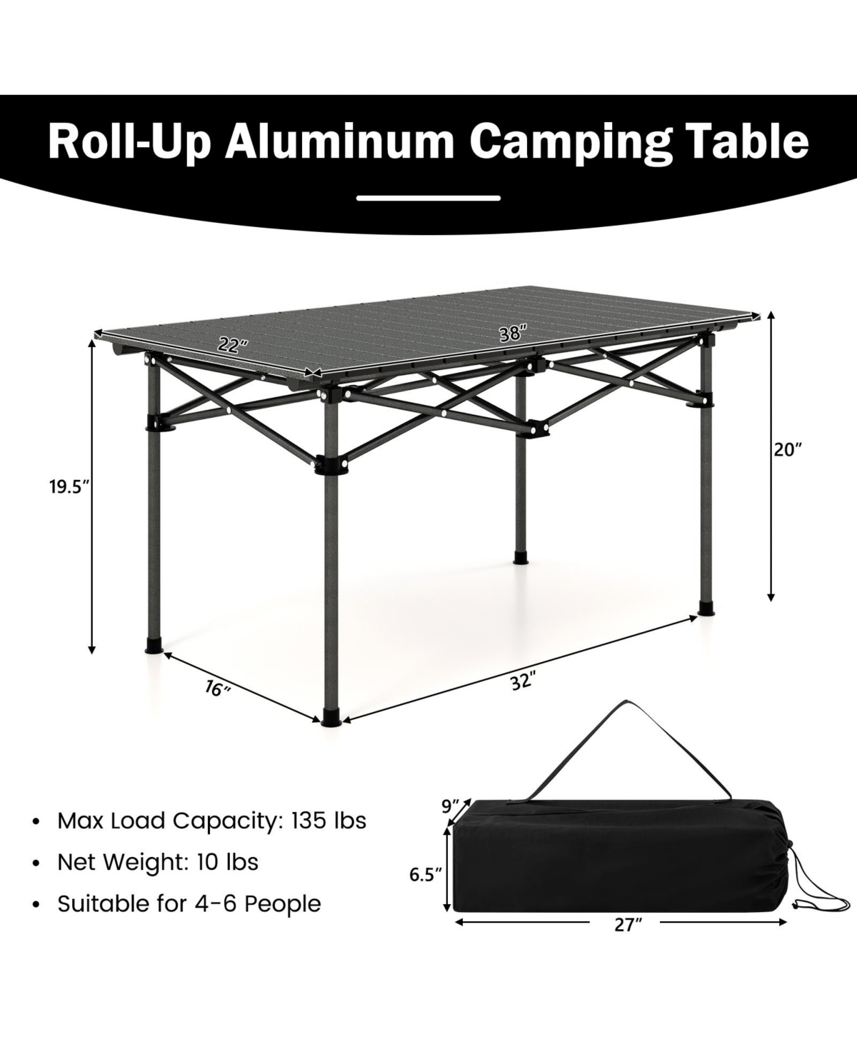 Sugift Aluminum Camping Table for 4-6 People with Carry Bag