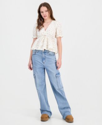 Juniors' Printed Puff-Sleeve Babydoll Top