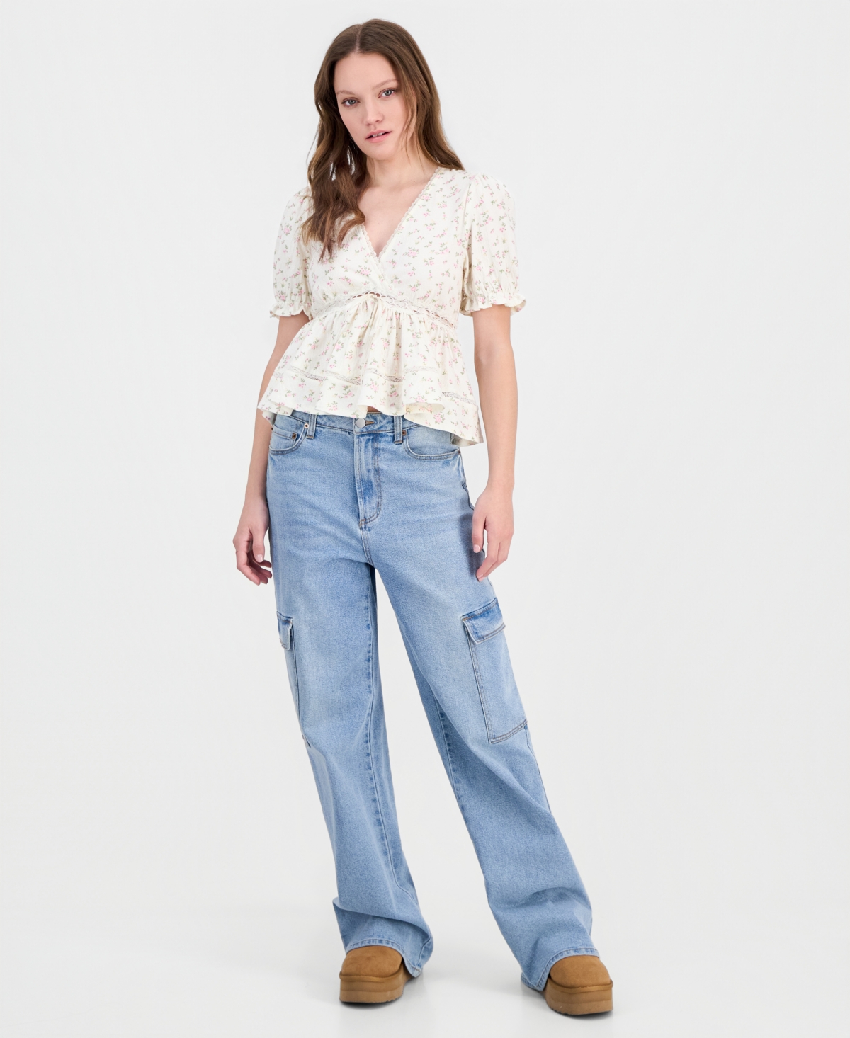 Tinseltown Juniors' Printed Puff-Sleeve Babydoll Top