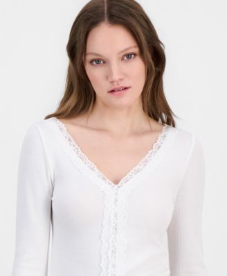 Juniors' Lace-Trim Long-Sleeve Ribbed Top