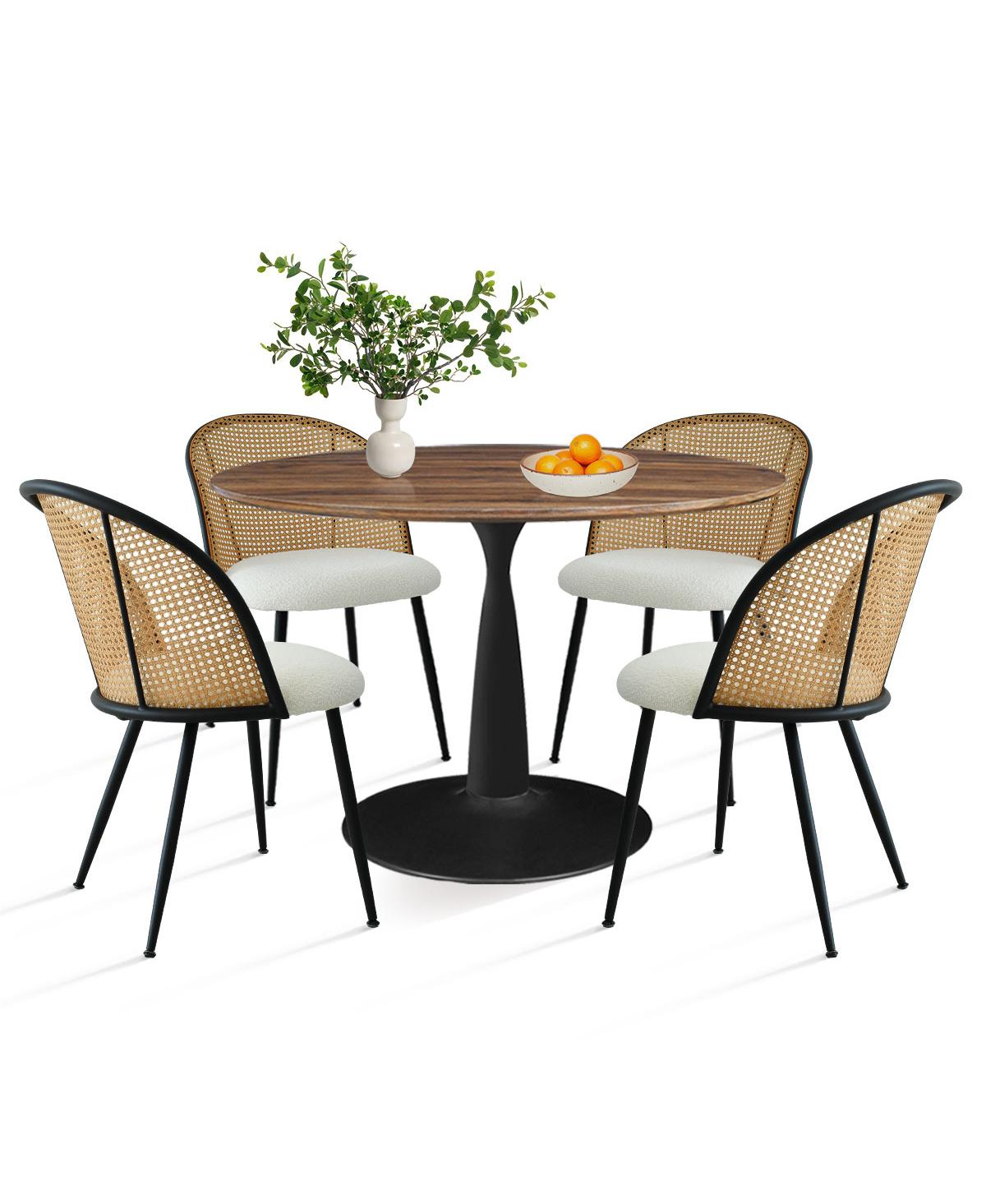 Maison Boucle 5-Piece Round Dining Table Set with Faux Rattan Back Chairs, Walnut Mdf Top and Metal Base, Small Kitchen Table Set for 4