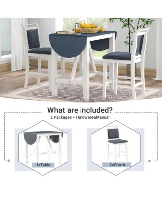 3-Piece Wood Drop Leaf Counter Height Dining Table Set with 2 Upholstered Chairs