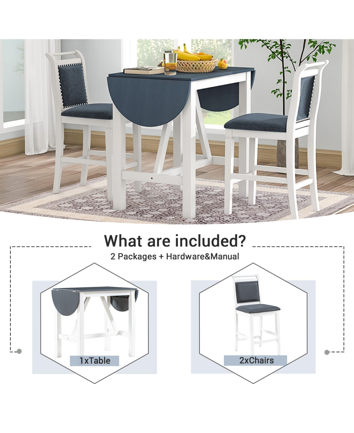 Boyel Living 3-Piece Wood Drop Leaf Counter Height Dining Table Set with 2 Upholstered Chairs