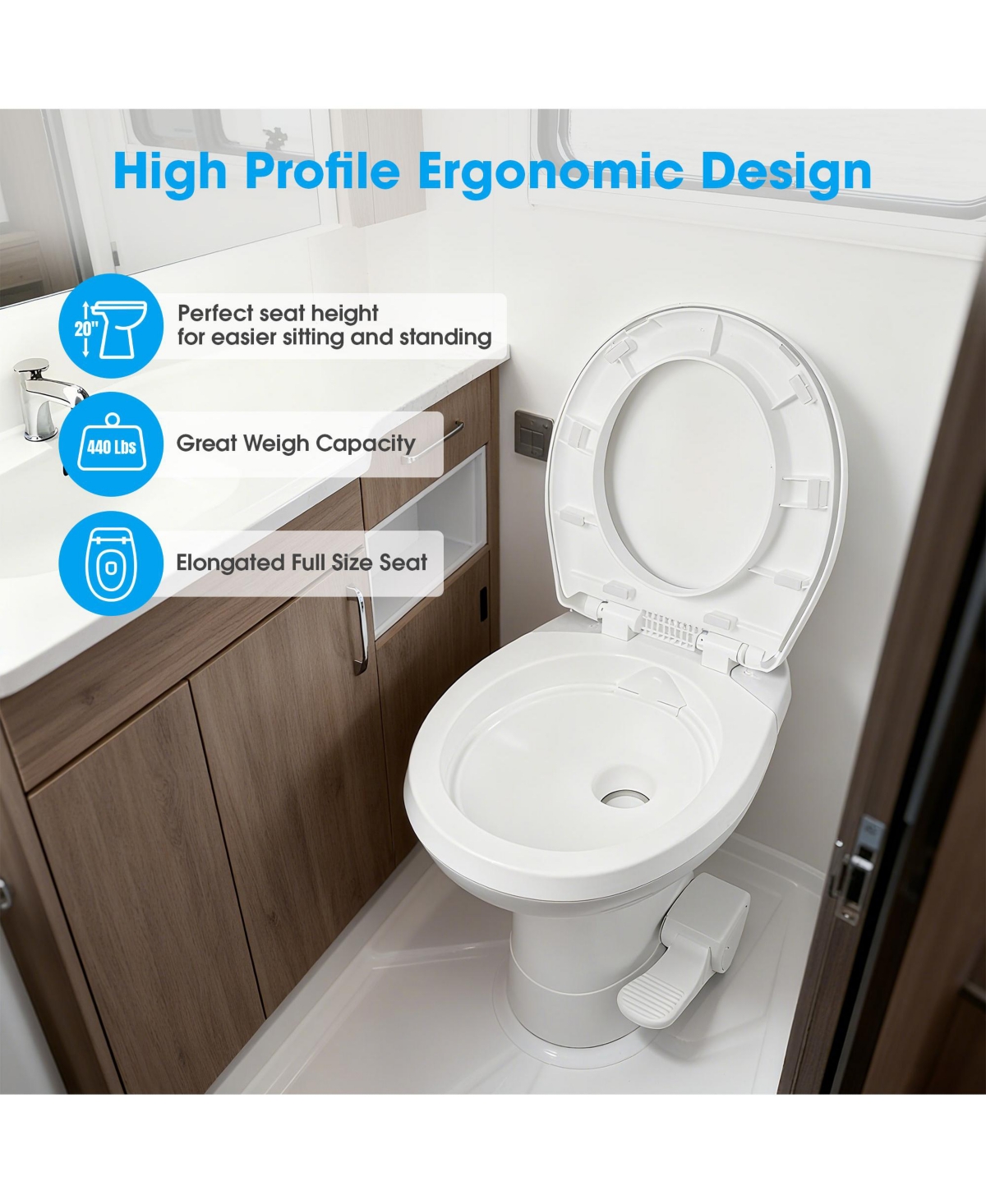 Yescom Rv Camper Toilet Gravity Flush Elongated 20" High w/ Bidet Spray Trailer Caravan