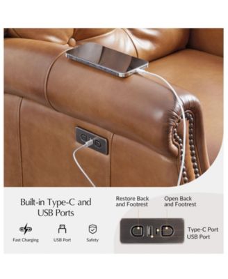 Silvia Button-tufted Genuine Leather Power Recliner with Solid Wood Legs