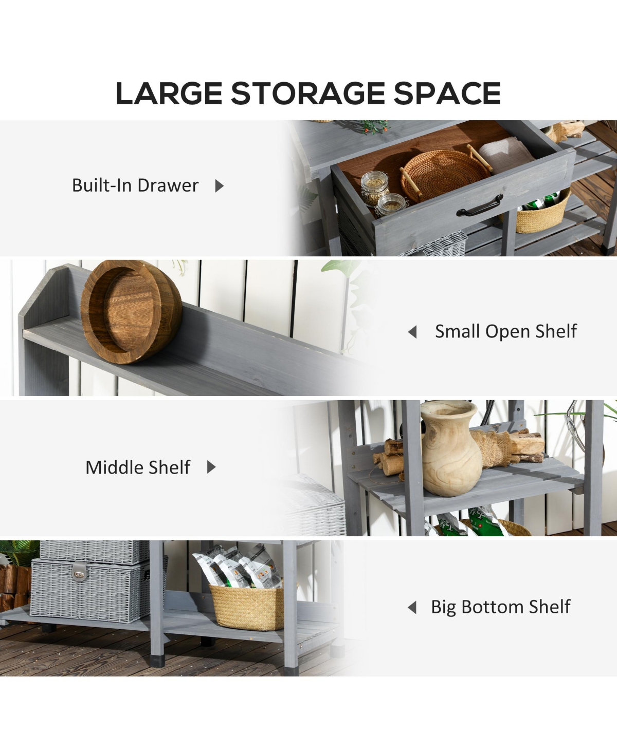 Outsunny Potting Bench Table, Includes Removable Outdoor Sink Station with Hose Hook Up, Wooden Work Station with Faucet, Drawer, Shelves, Hooks, Gray