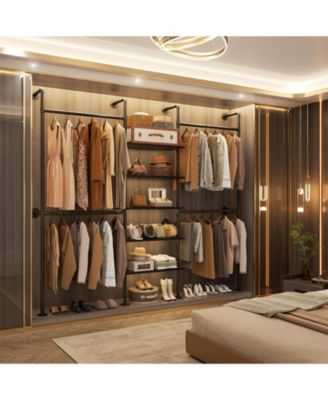 6.42FT Industrial Metal Pipe Clothing Rack, Reversible Clothes Rack with 5 Shelves and 4 Hanging Rods