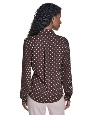 Women's Dot Pleated-Sleeve Button-Up Top