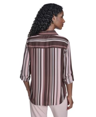 Women's Slim-Fit Striped Button Up Top