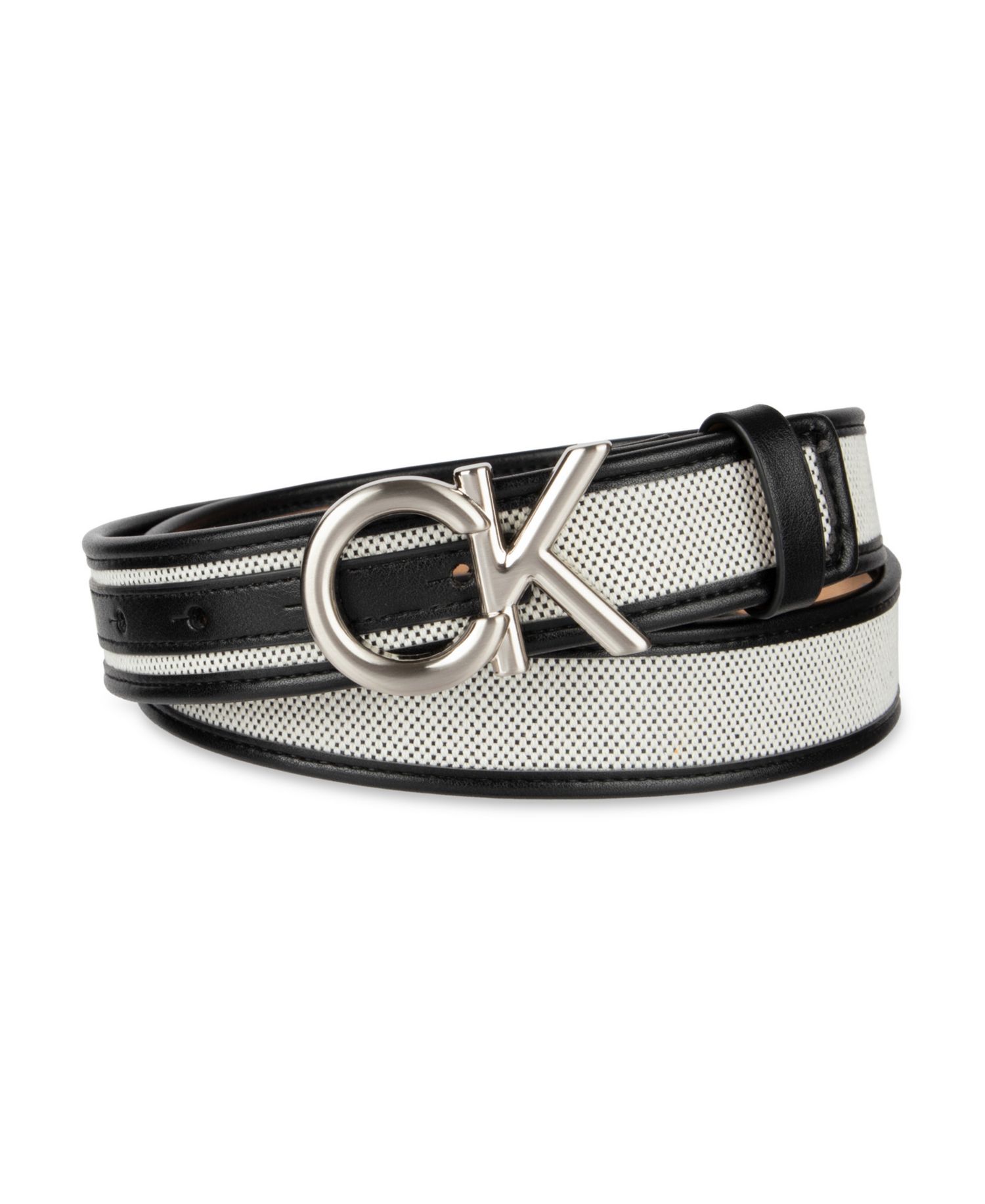 Women's Woven Inlay Leather Belt with Puff CK Monogram Buckle Belt