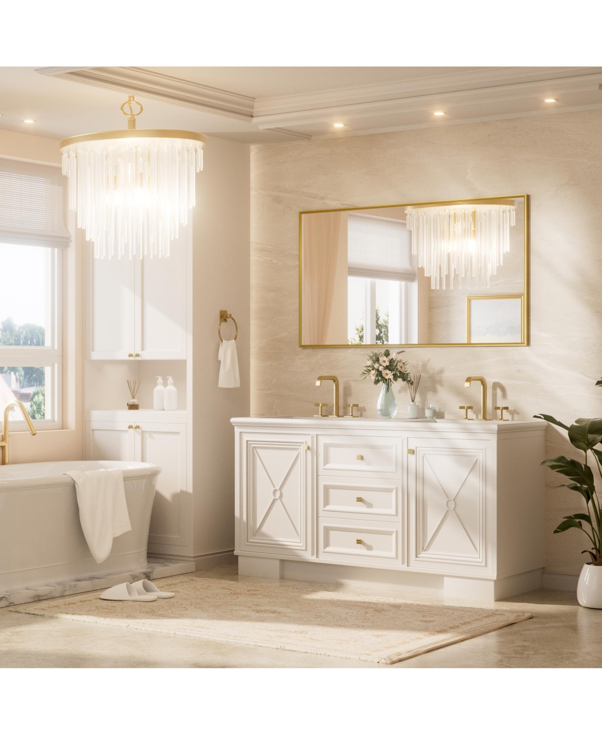 Keonjinn 54x30 Inch Brushed Gold Bathroom Vanity Mirror Metal Framed Over Sink Wall Mirror Horizontal/Vertical