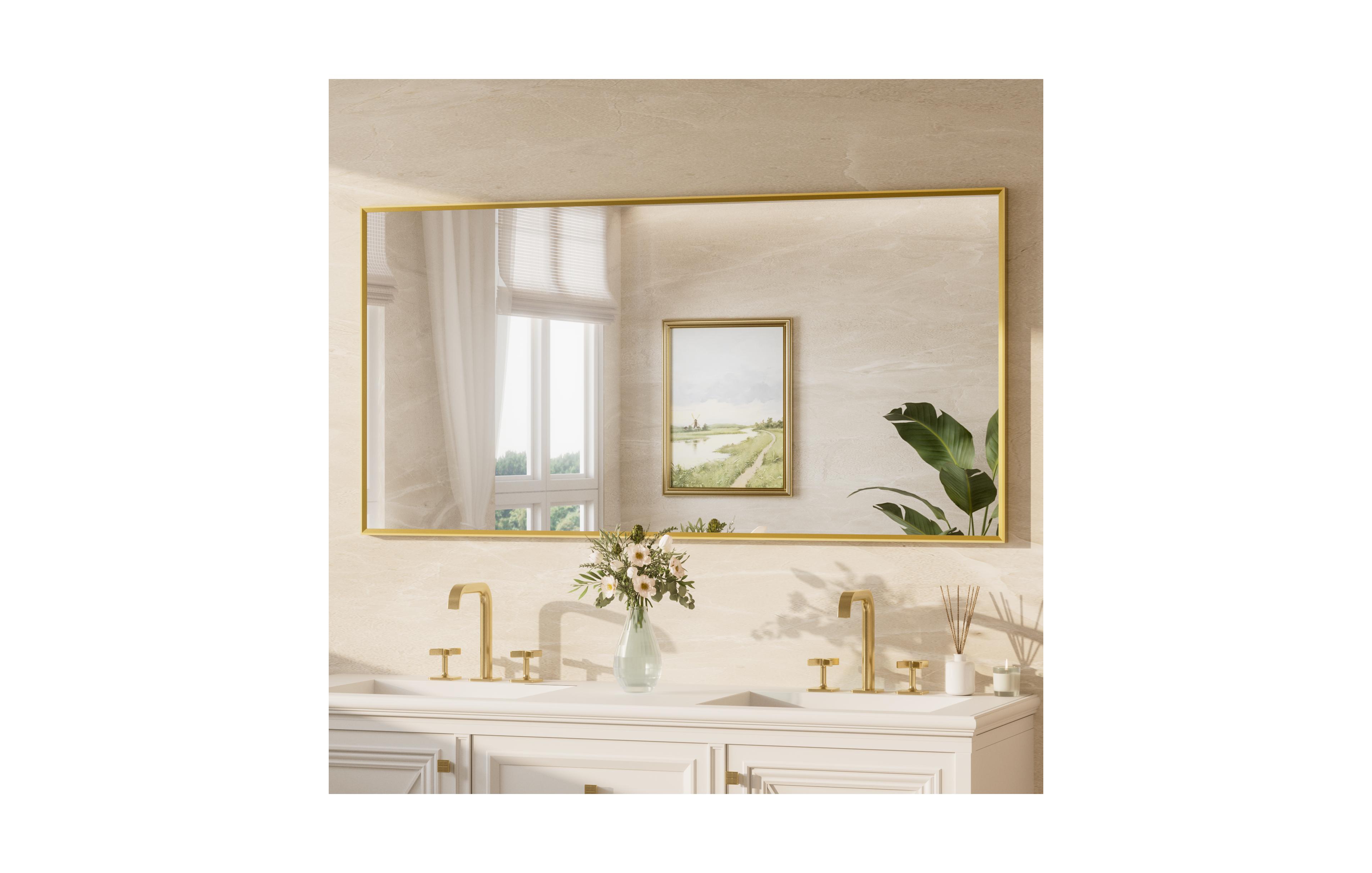 Keonjinn 60x30 Inch Brushed Gold Bathroom Vanity Mirror Metal Framed Over Sink Wall Mirror Horizontal/Vertical