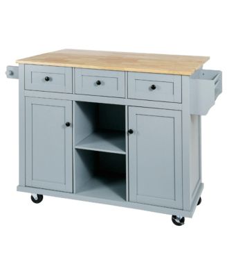 Kitchen Cart with Rubber Wood Drop Leaf, Internal Storage Racks, Rolling Island with Cabinet and 3 Drawers for Dining Room
