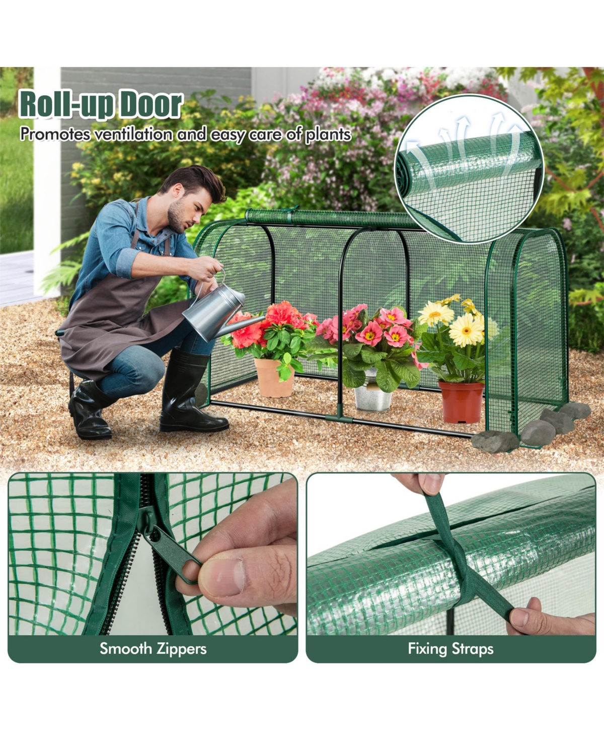 Sugift Mini Tunnel Greenhouse with Roll-up Zipper Door-Green