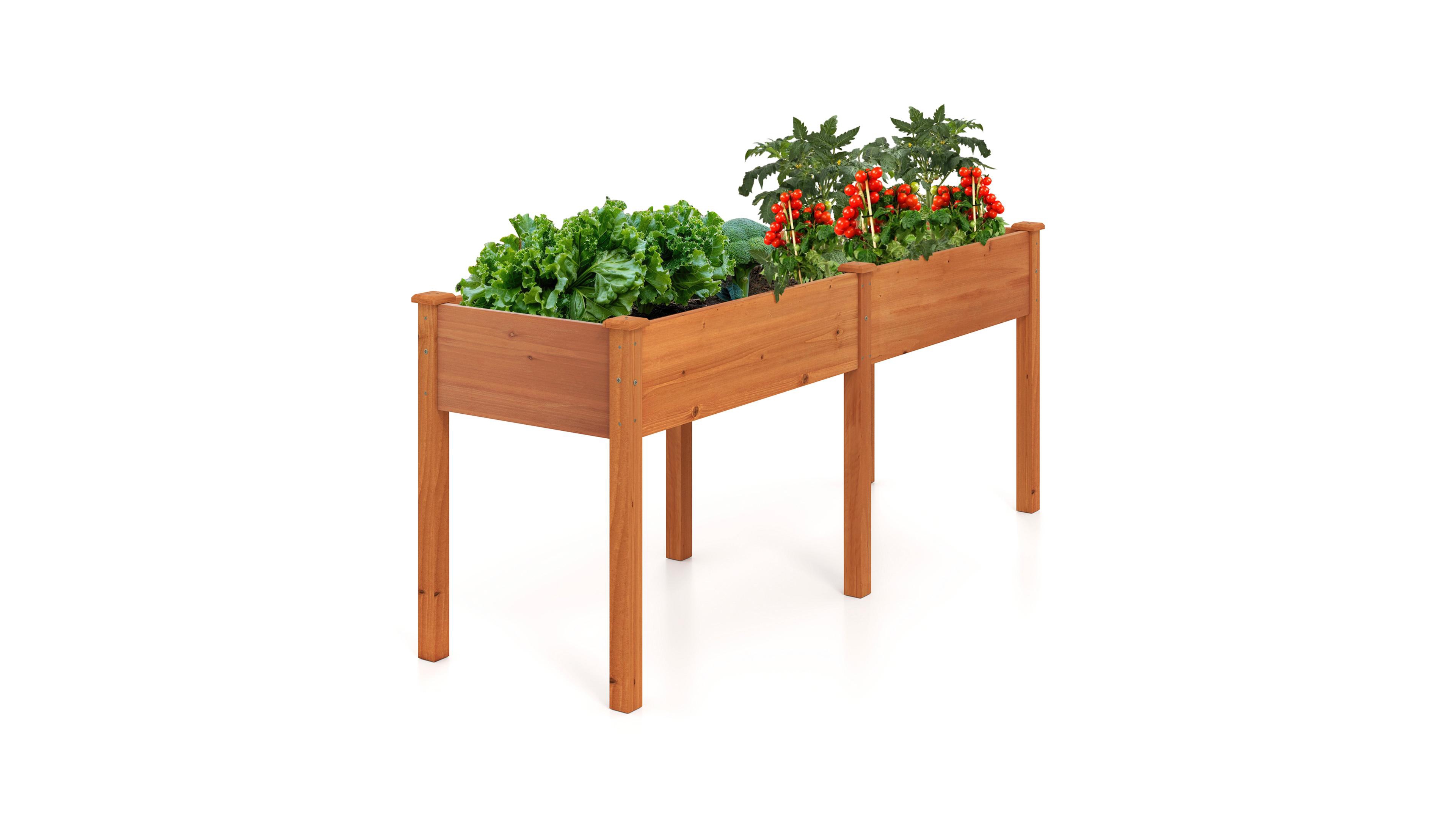 Sugift Fir Wood Outdoor Raised Garden Bed with Divider Panel and Drainage Holes