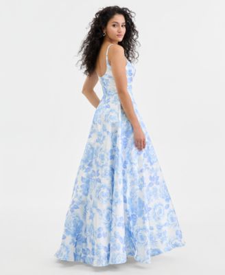 Juniors' Floral Scoop-Neck Satin Gown 