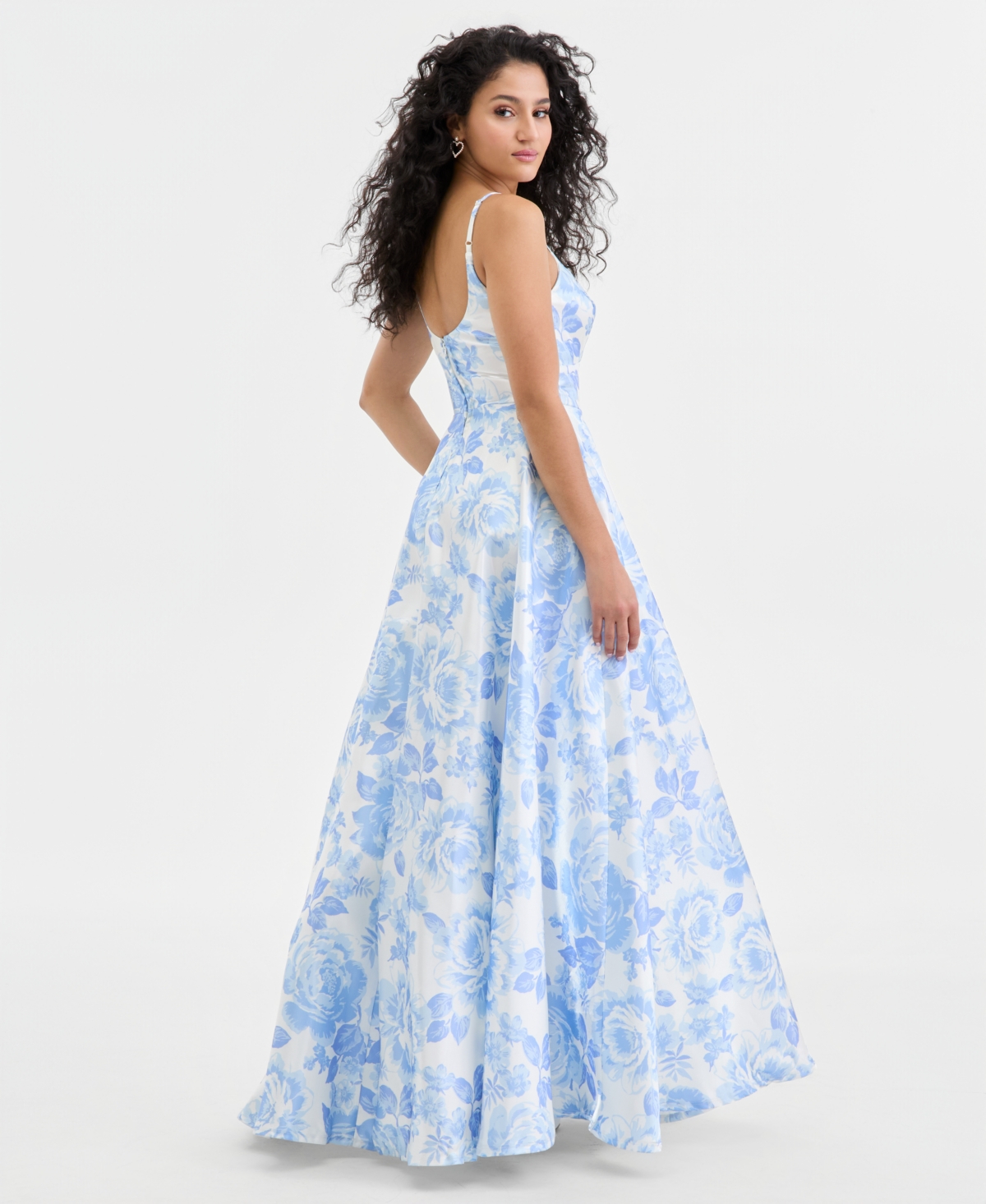 City Studios Juniors' Floral Scoop-Neck Satin Gown