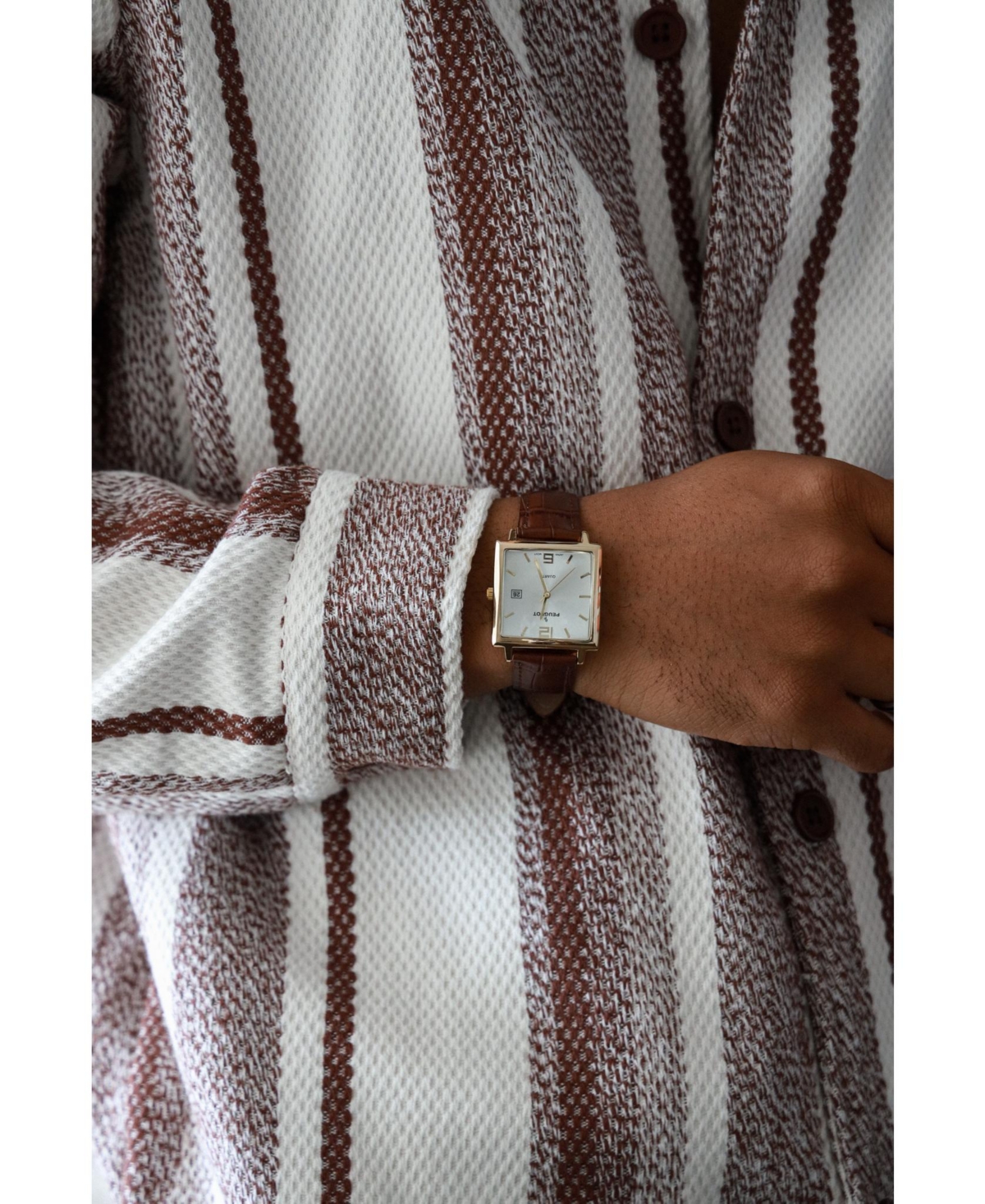 Peugeot Men's 35mm 14K Gold Plated Square Watch with Brown leather Strap