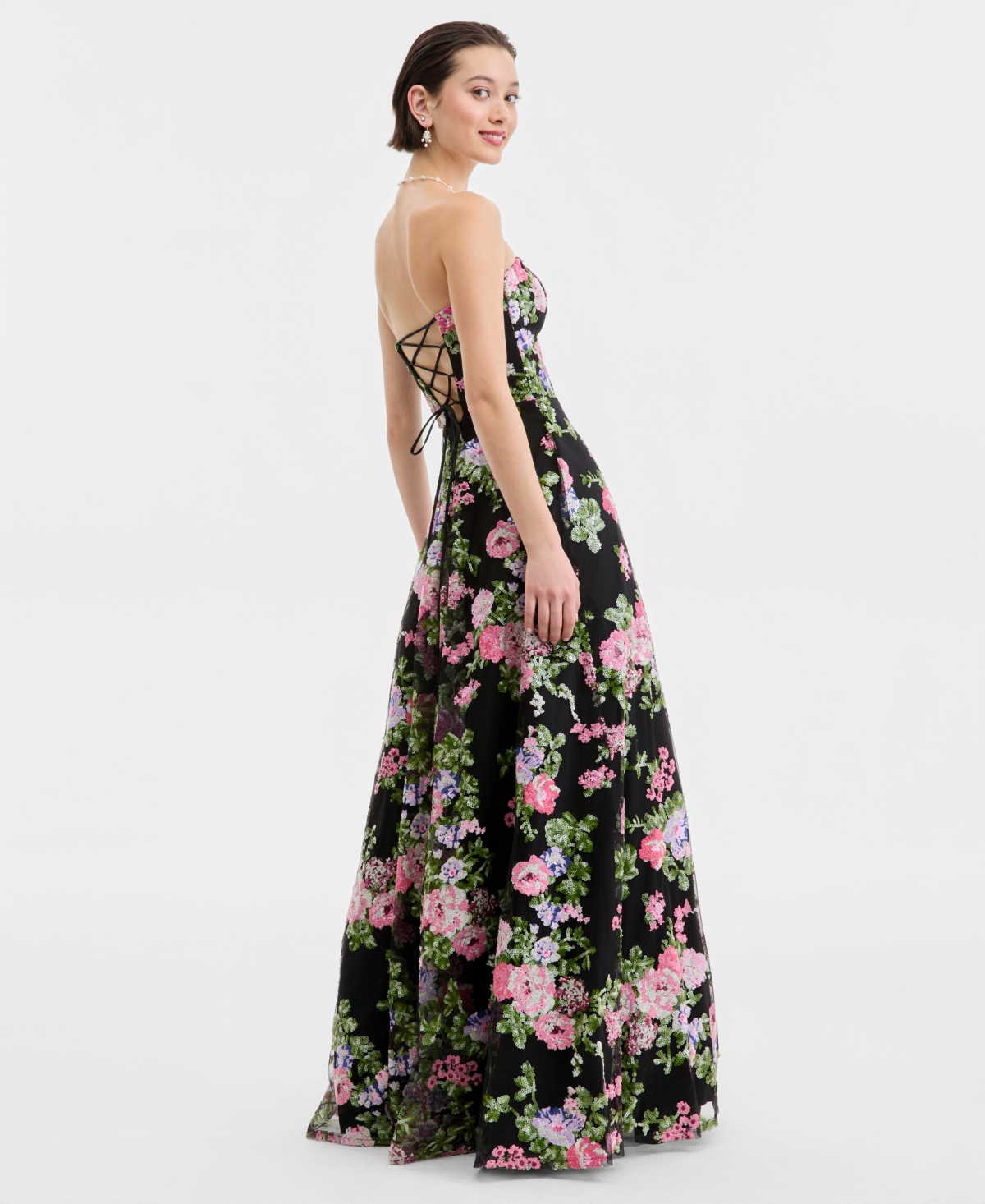 Say Yes Juniors' Floral-Sequinned Strapless Gown