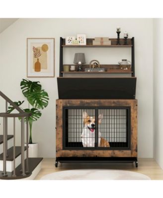 Industrial Dog Kennel Dog Crate Furniture with Storage Shelves-Rustic Brown