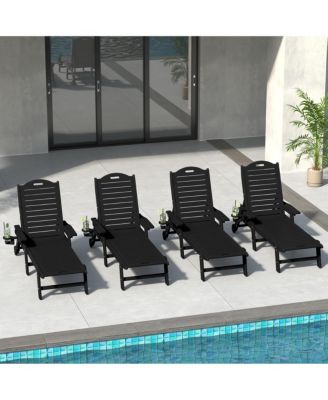Outdoor HDPE Patio Chaise Lounges With Wheels & Cup Holder (Set of 4)
